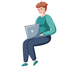 Fototapeta na wymiar Young woman using laptop computer sitting in lotus pose with crossed legs isolated vector. Student working on tablet pc while sitting at home. Freelancer or office woman working remotely with computer