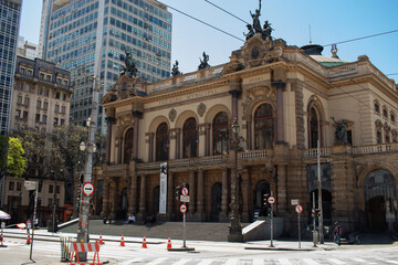 Beautiful shot of the Municipal Theatre of São Paulo, with a beautiful clear sky , historic center...