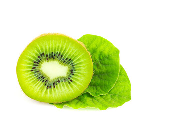 Fototapeta na wymiar Ripe whole kiwi fruit and half kiwi fruit and green leaves isolated on white background
