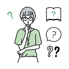 立って手をあごにあてて疑問を感じている教師の女性 クエスチョンマークのセット