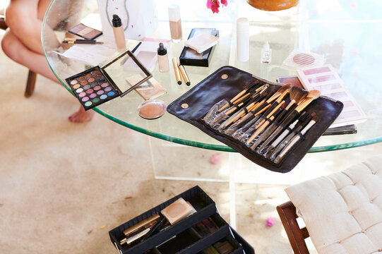 Makeup sitting on a table before a bride's wedding day