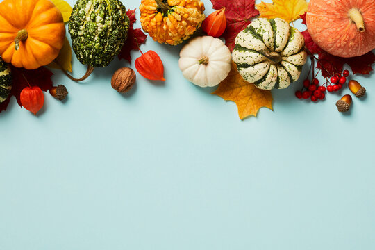 Autumn frame top border made of pumpkins, walnuts, rowan, acorns, physalis on pastel blue table. Autumn, Fall, Thanksgiving Day concept. Flat lay, top view, copy space
