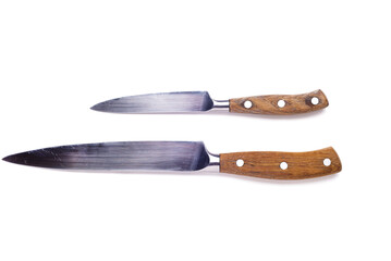 Two kitchen knives with wooden handle on a white background.