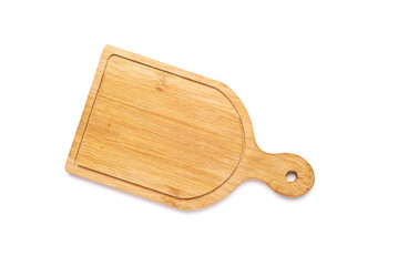 wooden cutting board on white background. Texture, reading space.