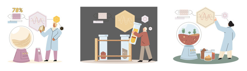 Soil analysis and earth pollution metaphor or structure control. Nutrients microorganism composition research ground layer structure sample. Soil laboratory test. Scientist measuring levels status