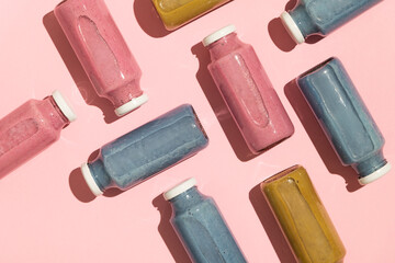 Pink pitaya (dragon fruit), Chinese matcha and blue spirulina drinks