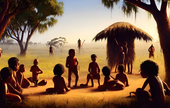 Aboriginal Australian Children Are Gathered Around An Elder In Front Of A Traditional Hut As They Listen To Stories About The Dreamtime, Concept Digital Illustration