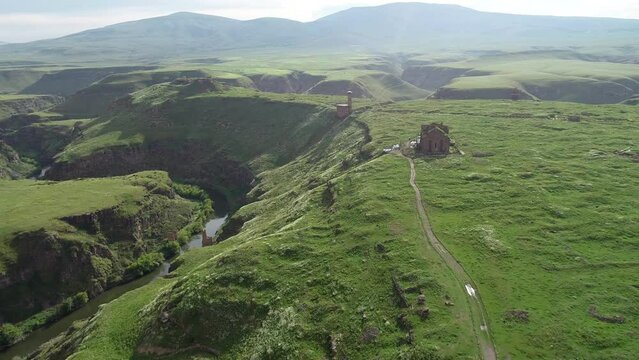Aerial view of Ani Ruins in Kars. Kars, Turkey.