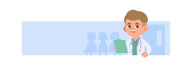 A man doctor character holding a clipboard in hospital blank banner illustration vector cartoon design on white background. Medical concept.