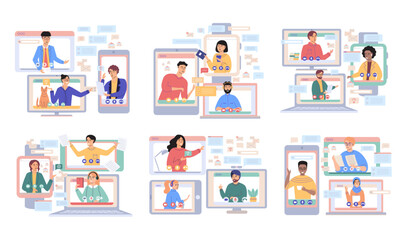 Virtual meeting, online teamwork. Desktop computer with group of colleagues taking part in video conference. Software for videoconferencing and online communication. Online skull session, webinar