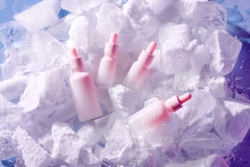 Skincare serum essence glass bottle lying in ice blue