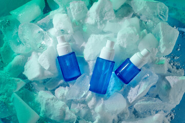 Ice toner ads with blue ice cubes. Blue spray bottles