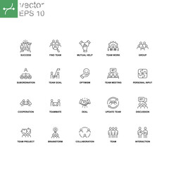 Teamwork signage set for business project include group, team, Collaboration, discussion, etc. Simple set of team work related vector line icons. Vector illustration. Design on white background. EPS10