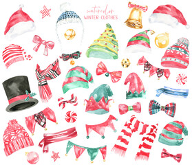 Christmas clothes set of watercolor santa,elf hat,costume, scarf, bowtie,knitted,top hat, bell,winter clothes accessories, warm decor, new year, hipster clothes, create character overlay,clipart,diy	

