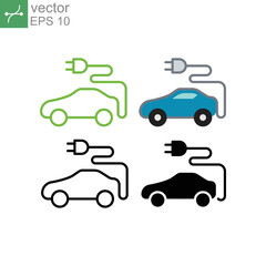 Eco friendly automobile or electric vehicle concept as modern electric in green energy refueling and e-mobility charging. Electric car icon. Vector ilustration. Design on white background. EPS 10