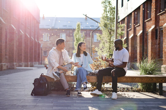 Joyful friends chatting and resting together 