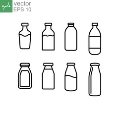 Drink bottles signage in line set, plastic or glass beverage container for liquid used for food and drink business. Milk bottle set icon. Vector illustration. Design on white background. EPS 10