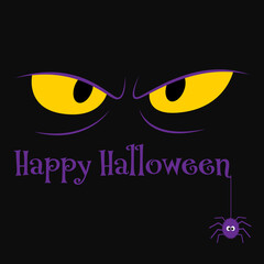 Happy Halloween vector graphic background illustration holiday card with spooky eyes and a cartoon spider