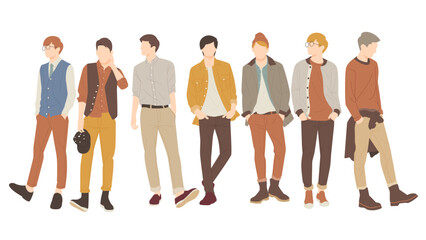 set of cool boys posing in casual stylish outfits. people flat design illustration