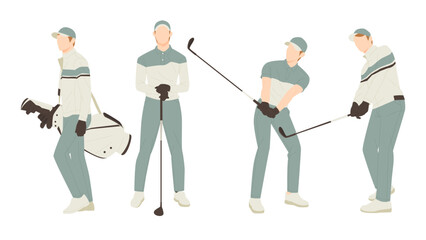 set of man hobby is playing golf. people flat design illustration