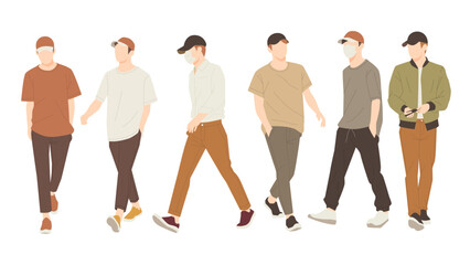 set of mans posing walking in stylish casual outfits. people flat design illustration