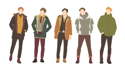 group of handsome man posing in stylish coat outfits. people flat design illustration