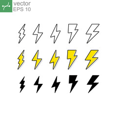Electric lighting power set, bolt, energy charge, thunder draw. Thunderstorm warning. Powerful electricity. Thunder and bolt lighting flash icons set. Vector illustration on white background. EPS 10
