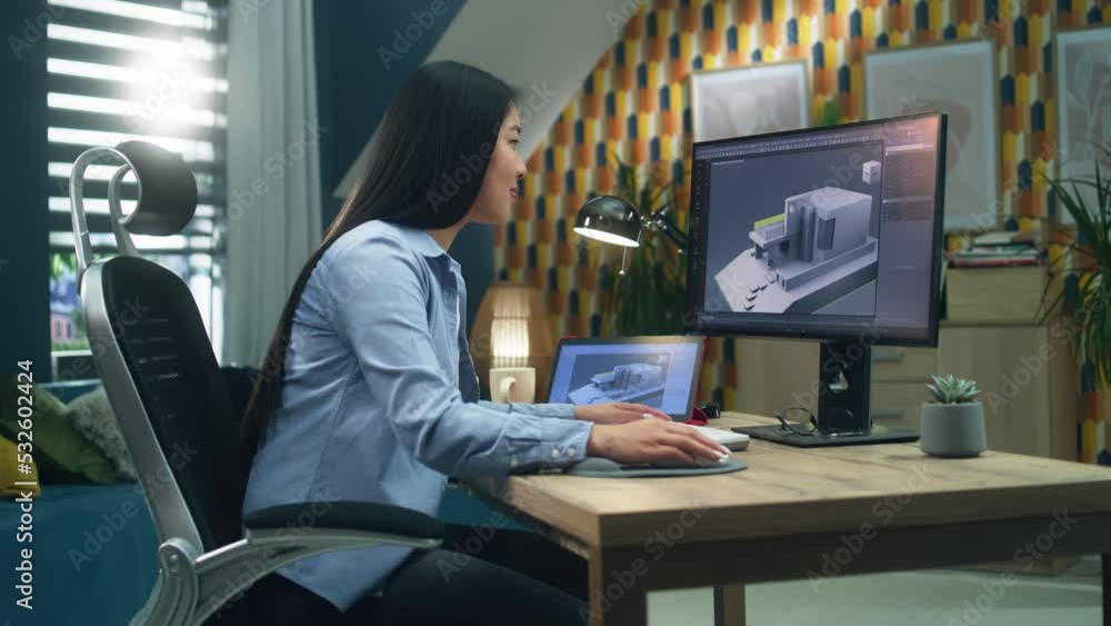 Poster female asian 3d designer at home working on 3d modeling project of house and making exterior in prof