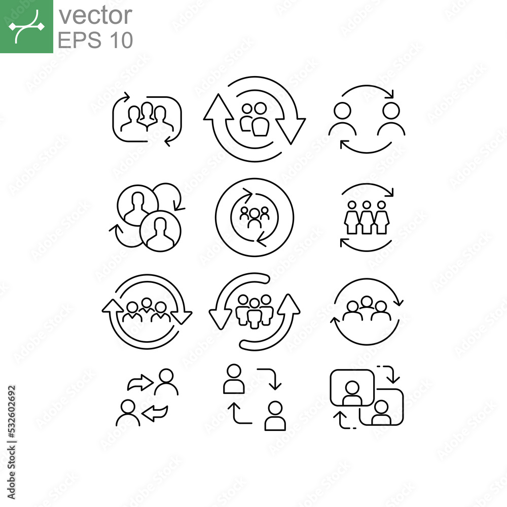 Poster person updating profile. synchronize team work. refresh team. people with arrow reload for reorganiz