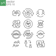 Person updating profile. Synchronize team work. Refresh team. People with arrow reload for reorganization group. Personal change line icon set. Vector illustration.Design on white background. EPS 10