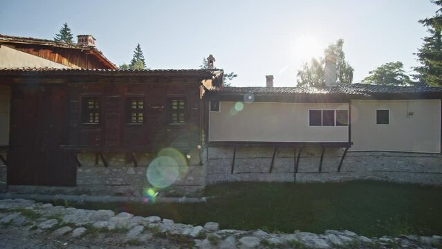 POV motion footage of an empty street and historic architecture in the town of Koprivshtitsa, Bulgaria.