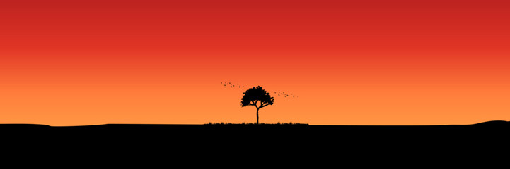 tree silhouette in sunset landscape vector illustration good for wallpaper, background, backdrop, banner, web, adventure, and design template