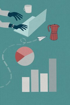 Business charts and worker illustration