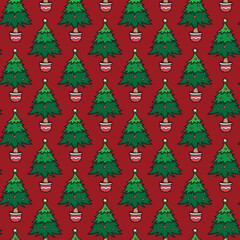 Christmas tree vector illustration pattern seamless red background