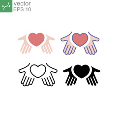 Hands holding heart shape for giving heart. Heart health care, donation, charity, kindness symbol. Hands with heart icon vector stock illustration. Design on white background. EPS10