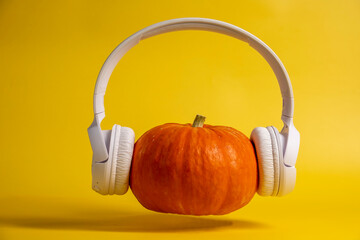Autumn music concept. Orange pumpkin with headphones on yellow background.