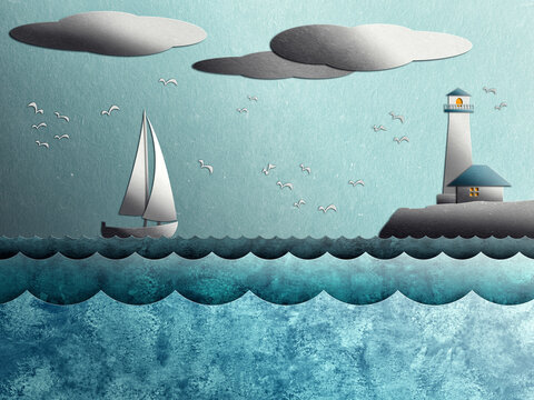 Ocean illustration with boat and lighthouse on waves
