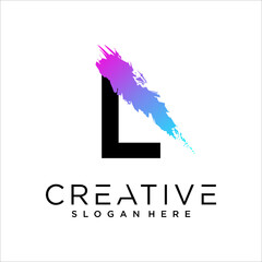 L Letter With Artistic Brush Stroke Ending.Purple Blue Electric Vibrant Color Vector Illustration.