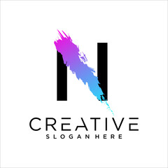 N Letter With Artistic Brush Stroke Ending.Purple Blue Electric Vibrant Color Vector Illustration.