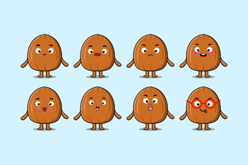 Set kawaii Almond nut cartoon character with different expressions of cartoon face vector illustrations