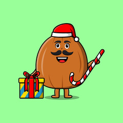 cute cartoon Almond nut santa clause character bringing candy cane and boxes christmas