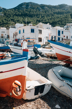 View of small harbour in Marettimo with boats in foreground