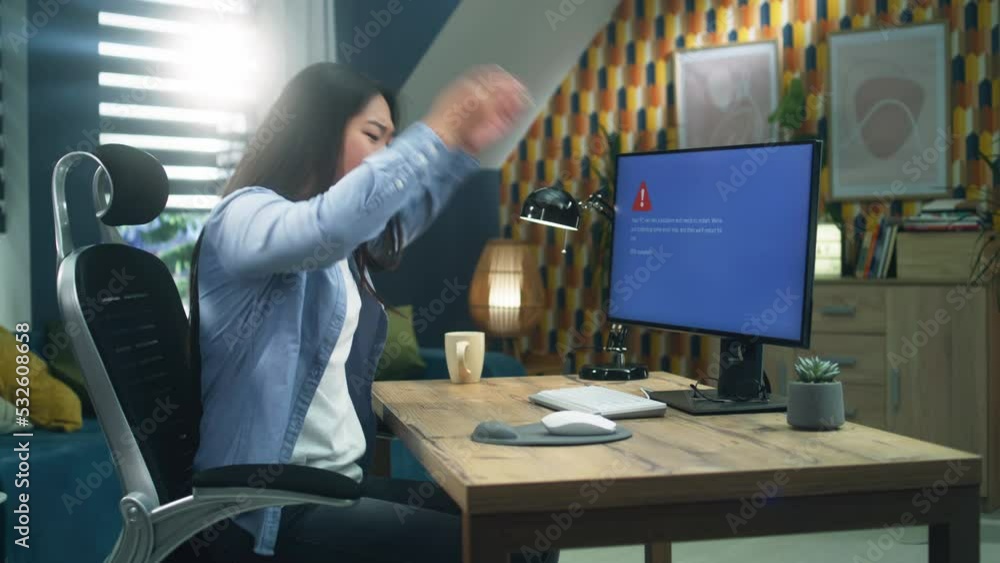 Poster asian female 3d designer getting angry over computer error while working on 3d modeling and video ga