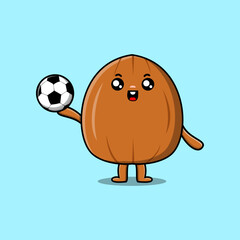 Cute cartoon Almond nut character playing football in flat cartoon style illustration