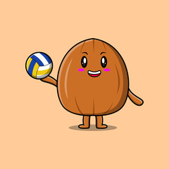 Cute cartoon Almond nut character playing volleyball flat cartoon style illustration