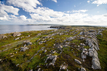 Fototapeta na wymiar Tundra and rocks on the East Coast of the Atlantic coastline at the Bonavista Peninsula.