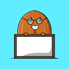Cute cartoon Almond nut teacher character with big whiteboard in flat cartoon style
