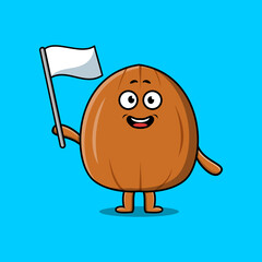 Cute cartoon Almond nut mascot character with white flag in modern design illustration