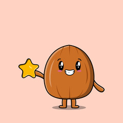 Cute cartoon Almond nut character holding big golden star in cute modern style design illustration