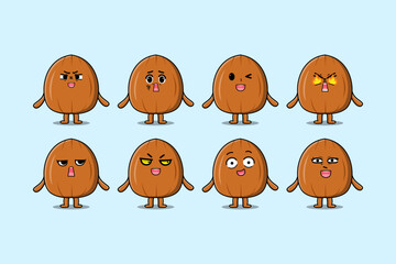 Set kawaii Almond nut cartoon character with different expressions of cartoon face vector illustrations